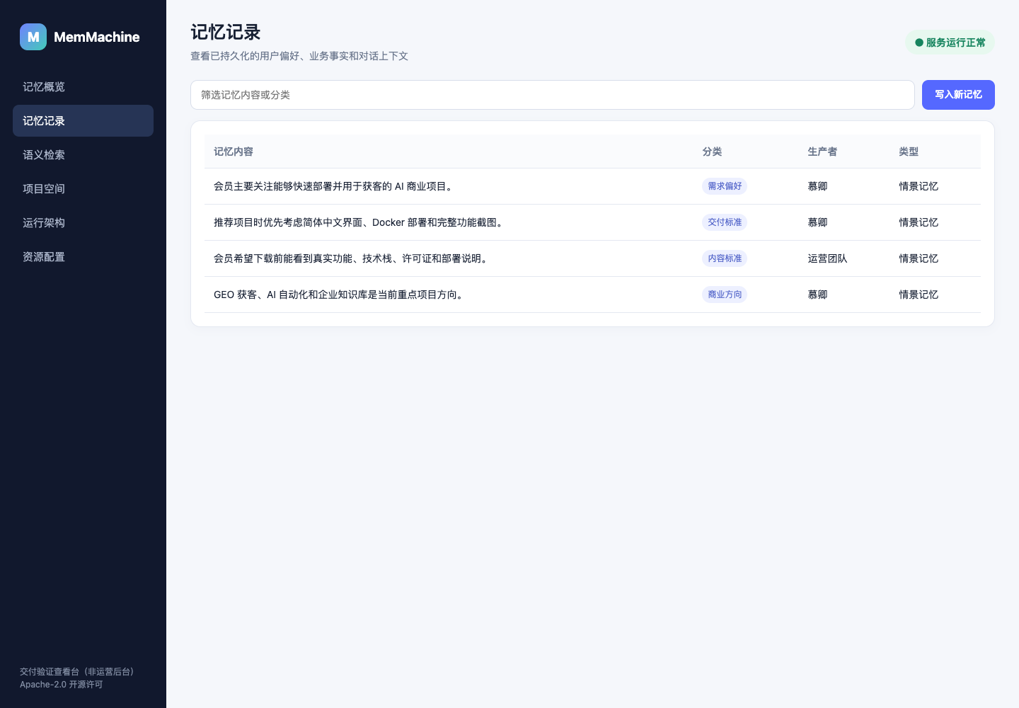 查看已写入的中文业务记忆及分类信息。