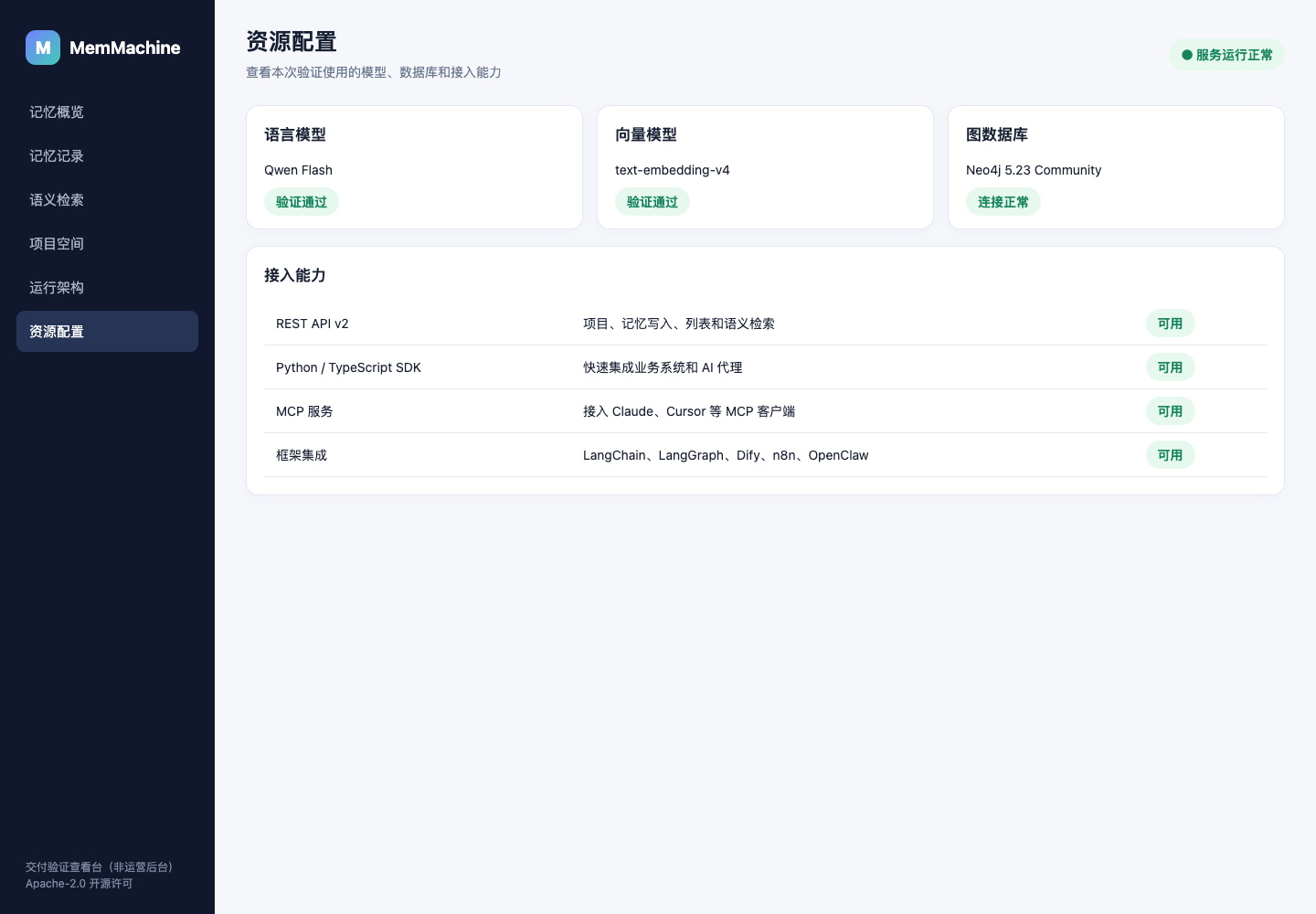 查看模型供应商、数据库状态和 SDK/MCP 接入能力。