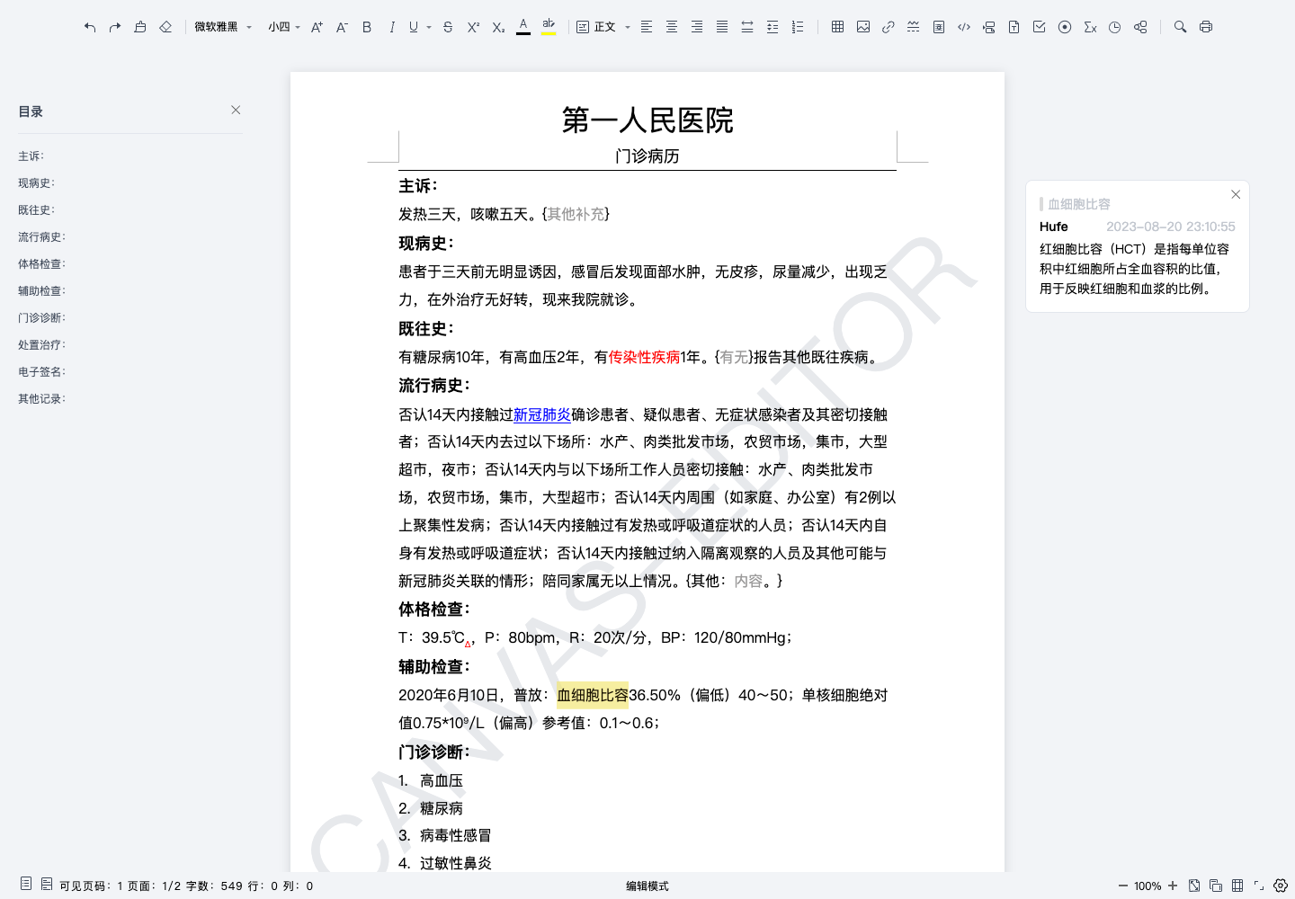电子病历文档编辑工作台真实中文运行截图
