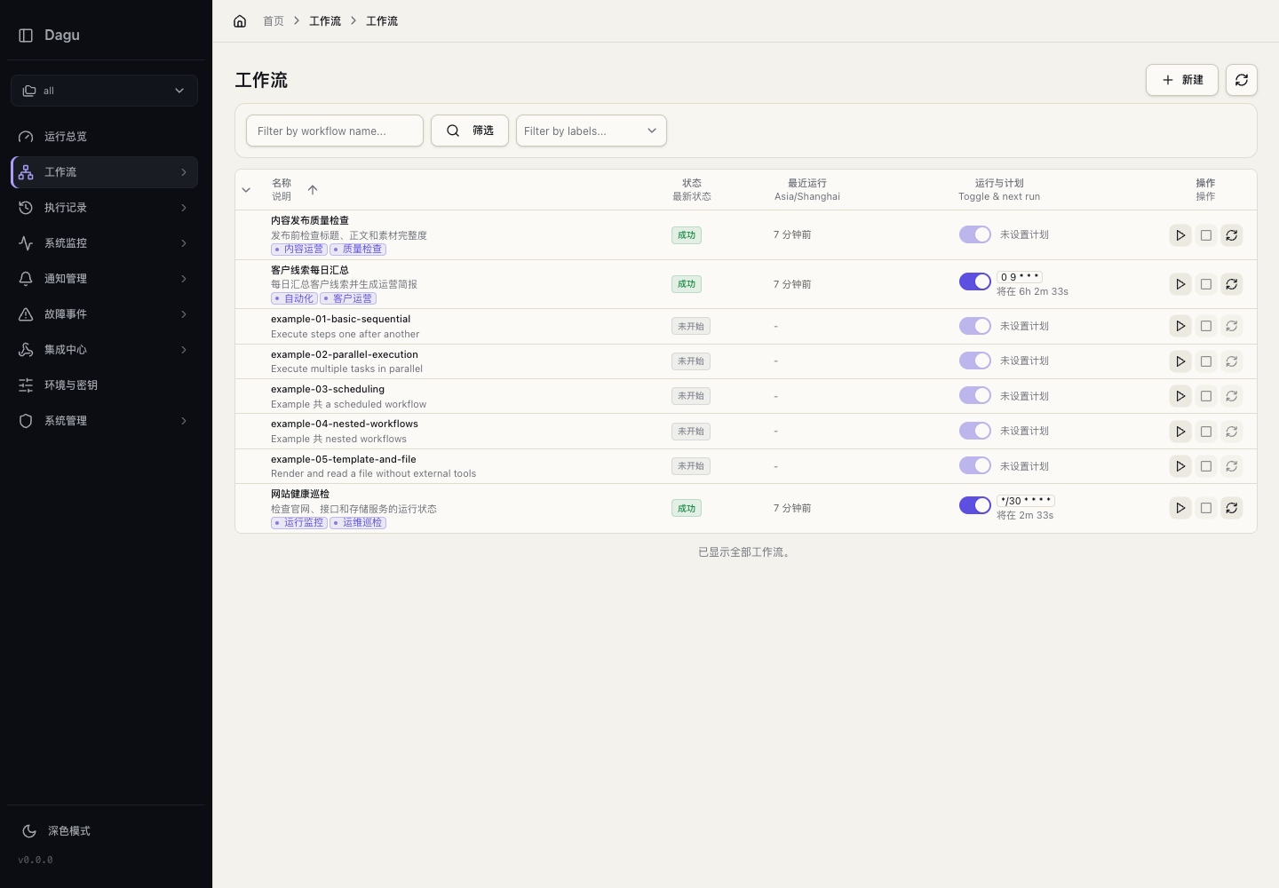 工作流列表真实运行中文界面截图