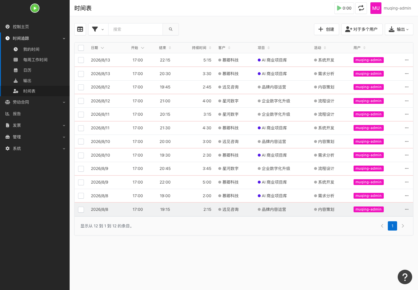 团队工时管理真实运行中文界面截图