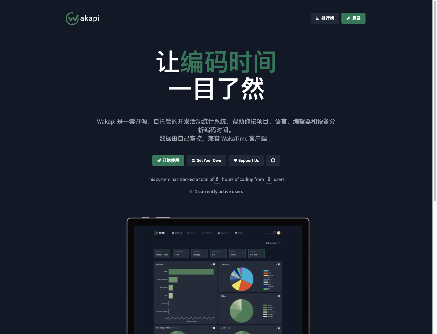 Wakapi 中文版自托管开发时间统计系统首页