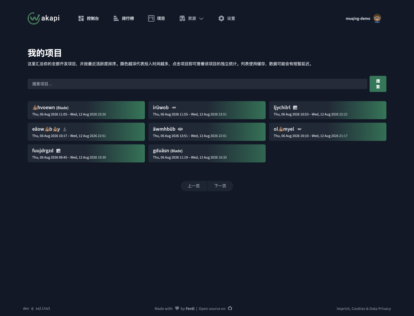 按活跃度展示的开发项目统计列表