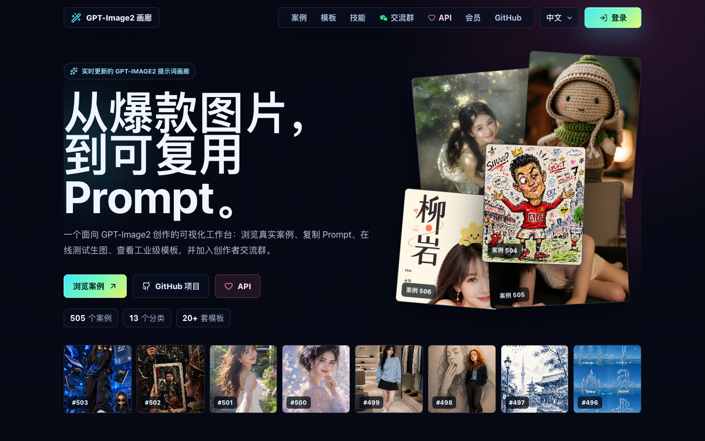 GPT-Image2 中文提示词画廊首页真实运行界面