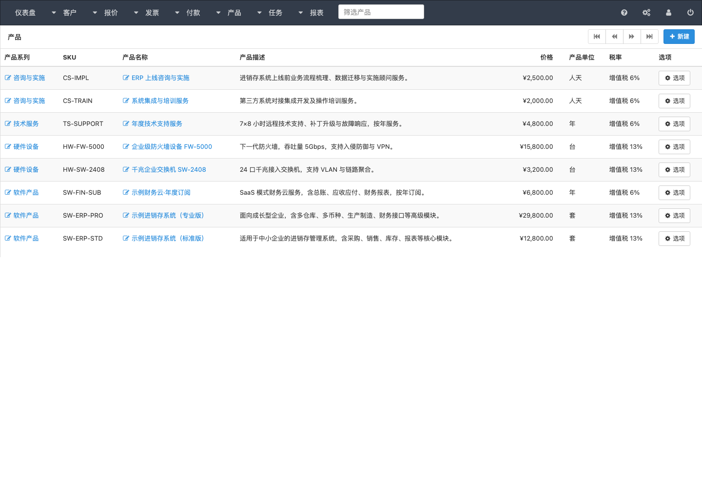 维护产品、分类、单位、价格与税率。