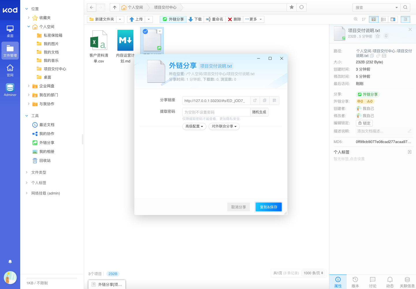 文件外链分享真实运行中文界面截图