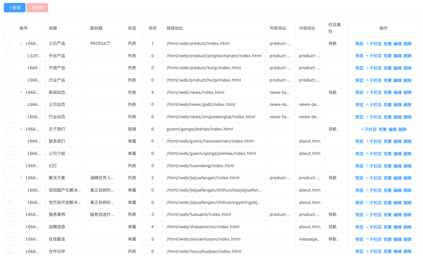 栏目管理真实运行界面