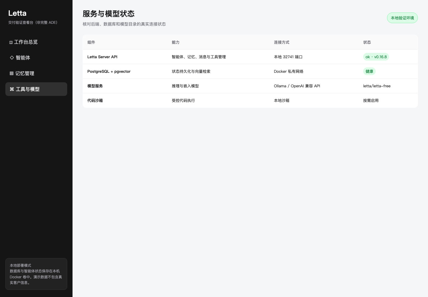 Letta Server PostgreSQL pgvector 与模型服务状态
